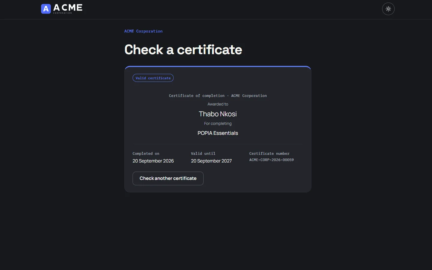 The certificate check page confirming a valid POPIA Essentials certificate, with its completion date and expiry date