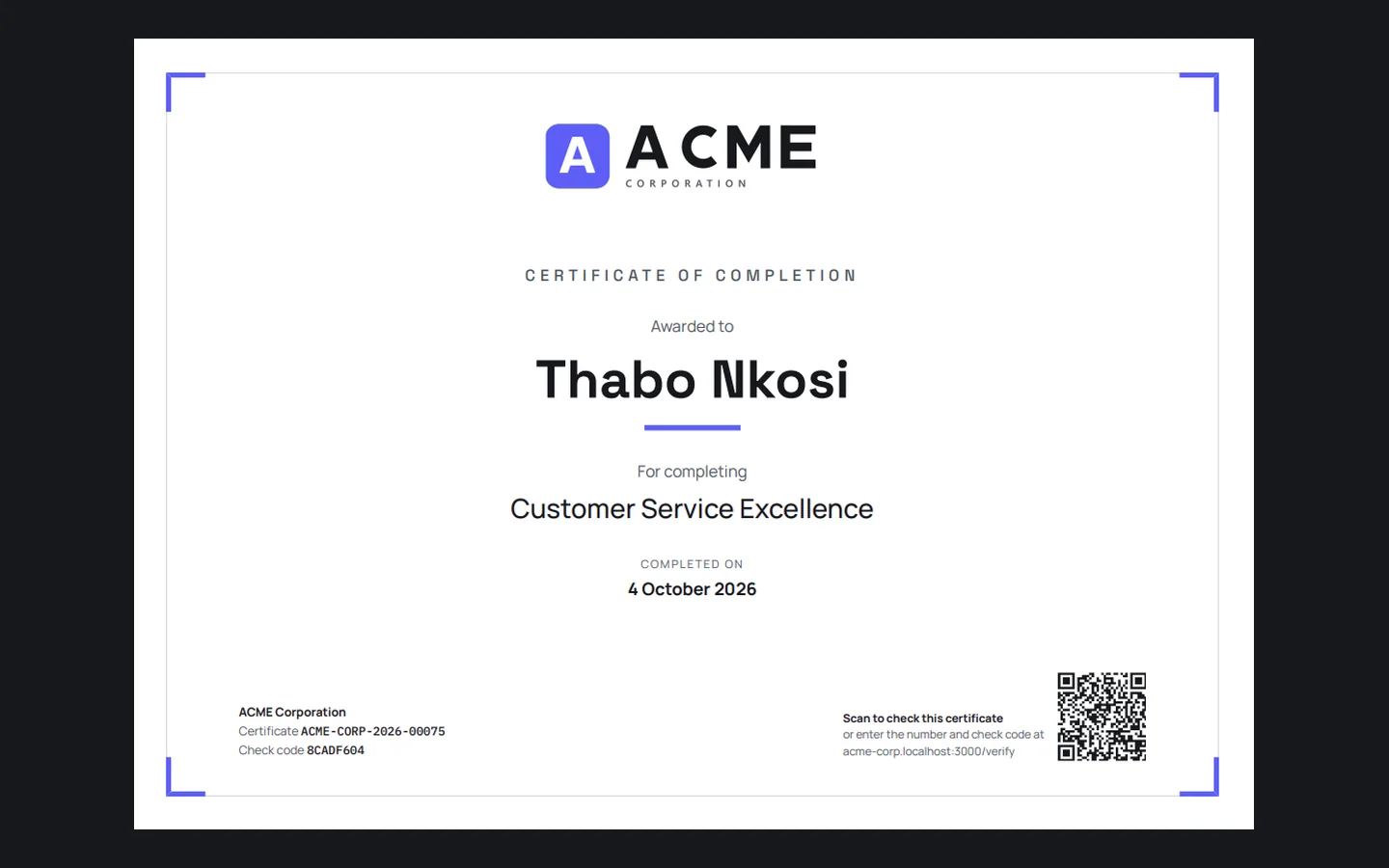 A certificate of completion for Customer Service Excellence, with a certificate number, check code and QR code