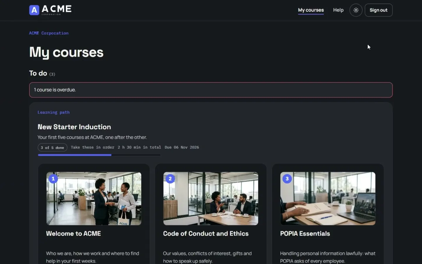 A learner's My courses page on ETASCO Learn, showing an overdue notice and a learning path three of five courses done