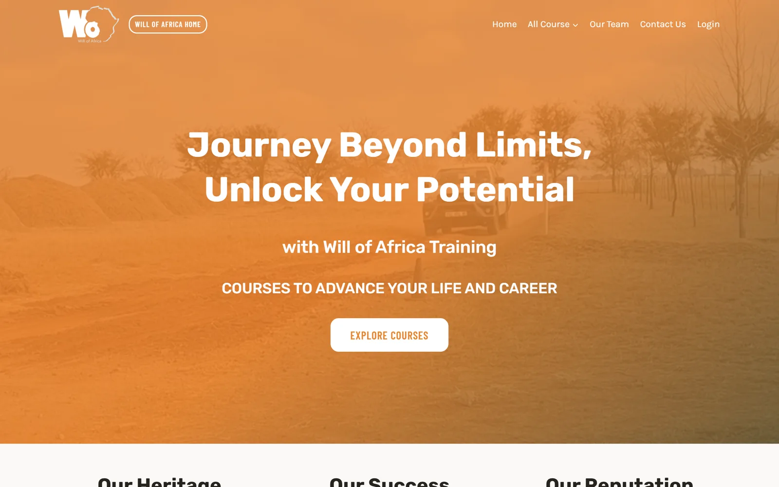 Will of Africa Training website homepage on a desktop screen